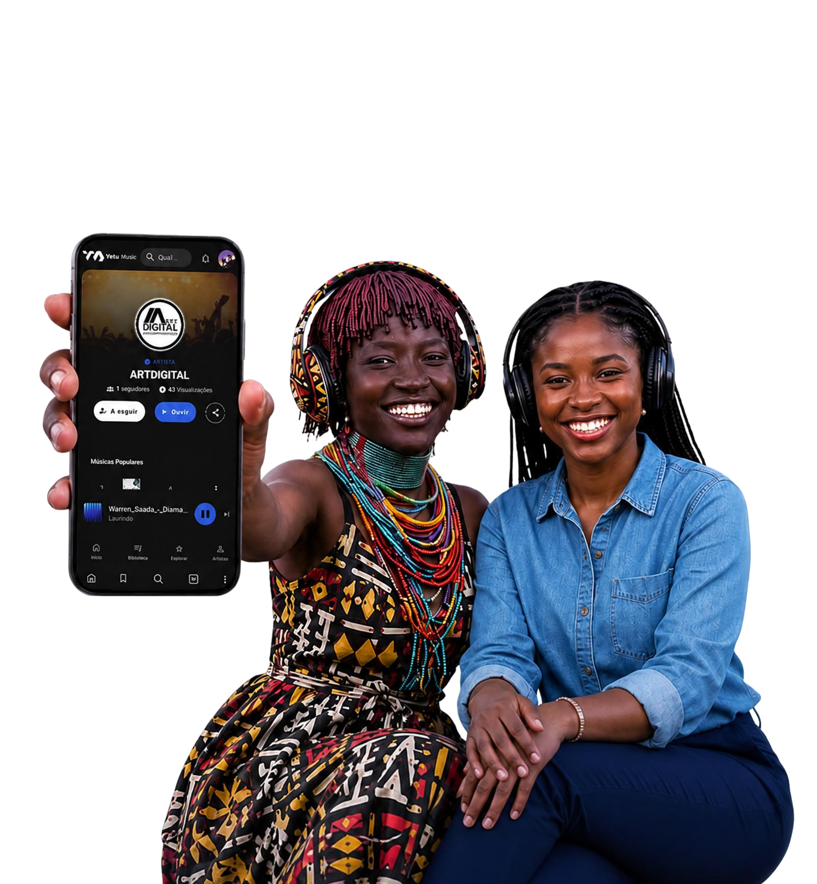 Duas pessoas com auscultadores, uma delas a mostrar o perfil de um artista aberto na app Yetu Music